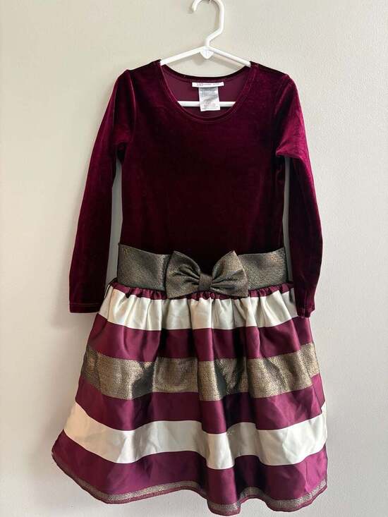 Bonnie Jean Other - Bonnie Jean Burgundy Velvet and Striped Taffeta Holiday Dress with Gold Waist Bo